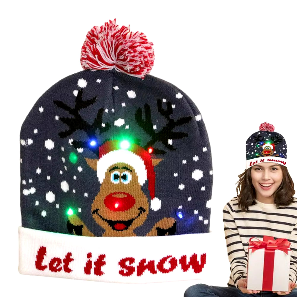 Christmas LED Christmas Beanie Hat Winter Warm with Poms Outdoor Light up Hat Unisex Flashing Caps for Home Party