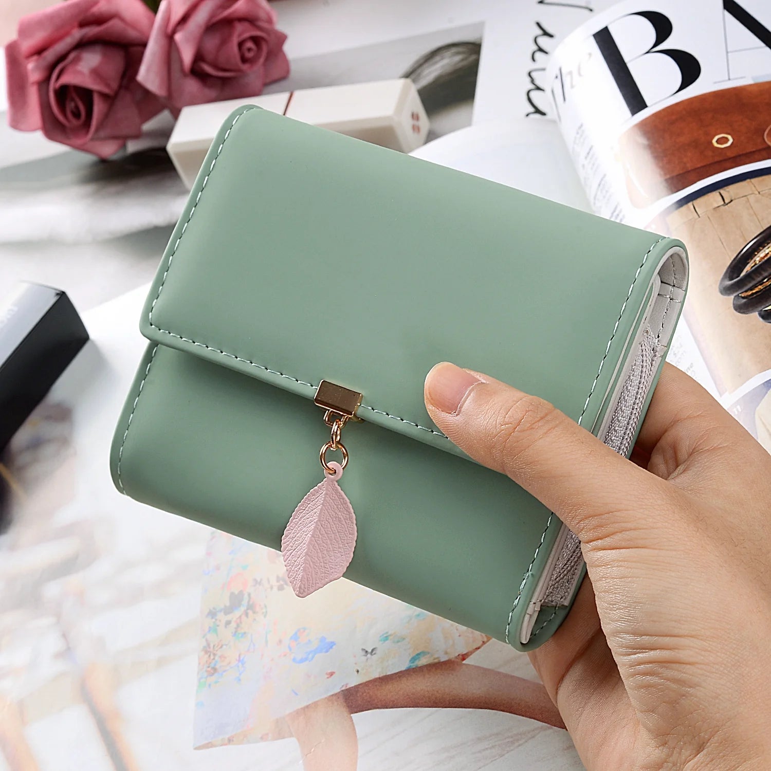 Small Wallet for Women PU Leather RFID Blocking Card Holder Zipper Coin Purse with Leaf Pendant(Green)