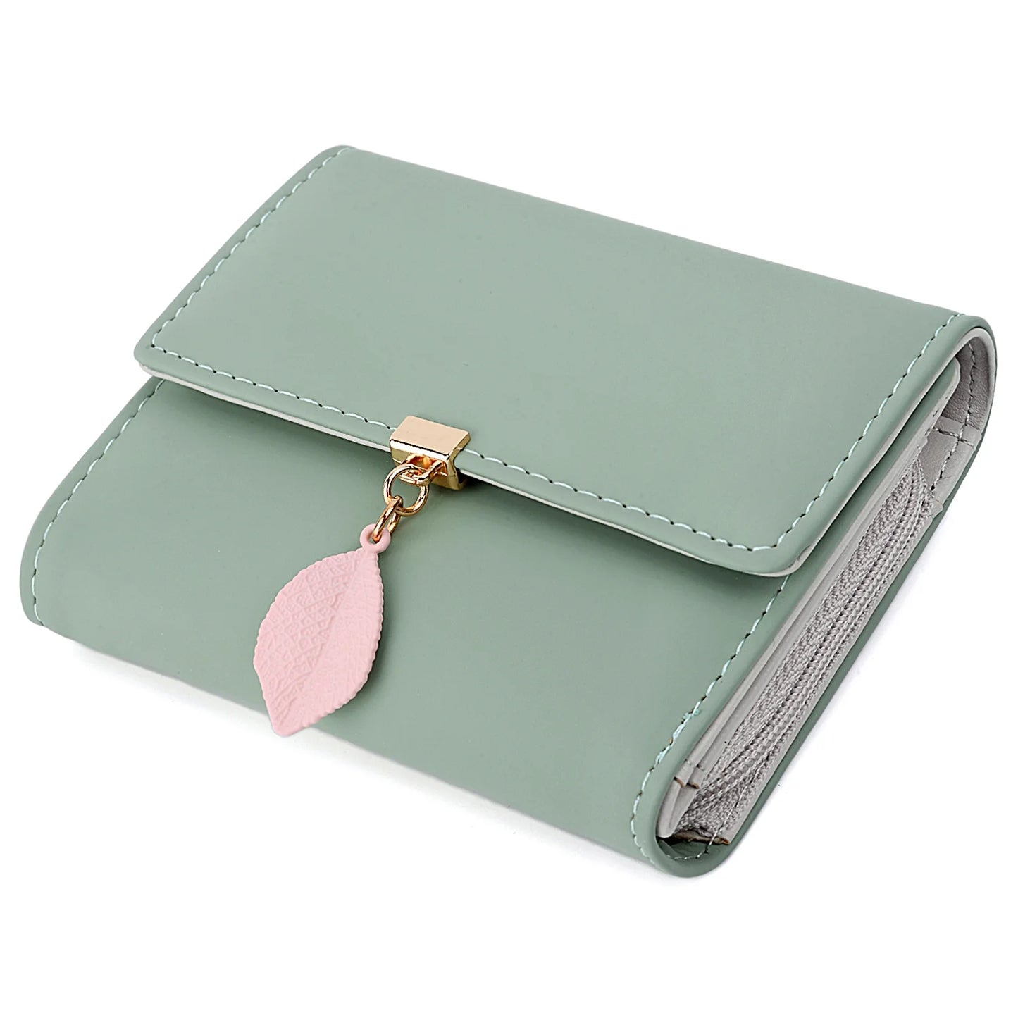 Small Wallet for Women PU Leather RFID Blocking Card Holder Zipper Coin Purse with Leaf Pendant(Green)