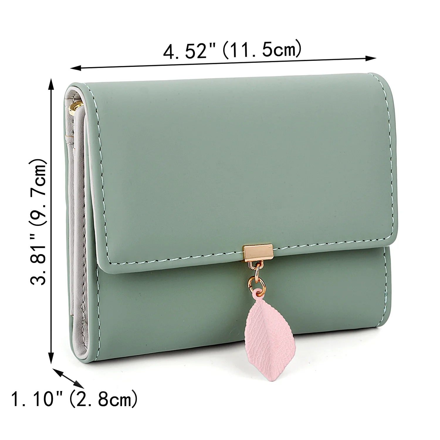 Small Wallet for Women PU Leather RFID Blocking Card Holder Zipper Coin Purse with Leaf Pendant(Green)