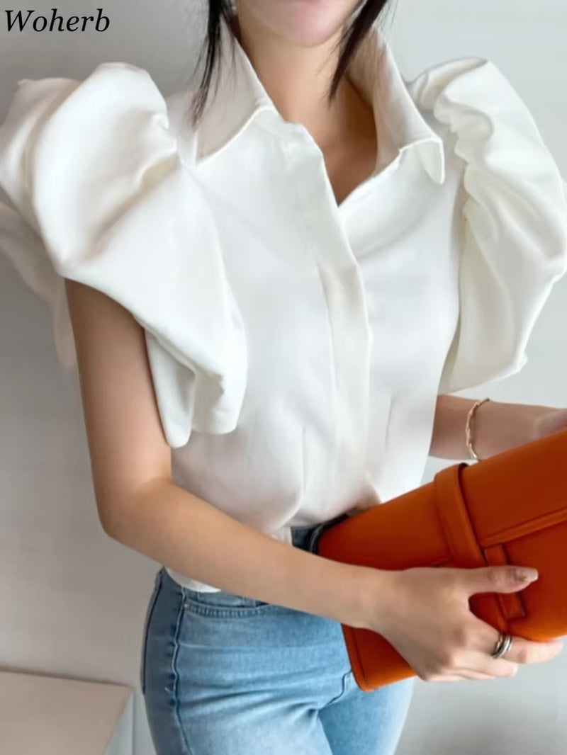 Vintage Puff Sleeve Elegant Shirt White Black All Match Blouse Turn down Collar Office Ladies Blusa Female Casual Tops