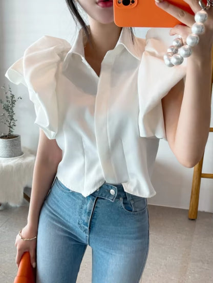 Vintage Puff Sleeve Elegant Shirt White Black All Match Blouse Turn down Collar Office Ladies Blusa Female Casual Tops