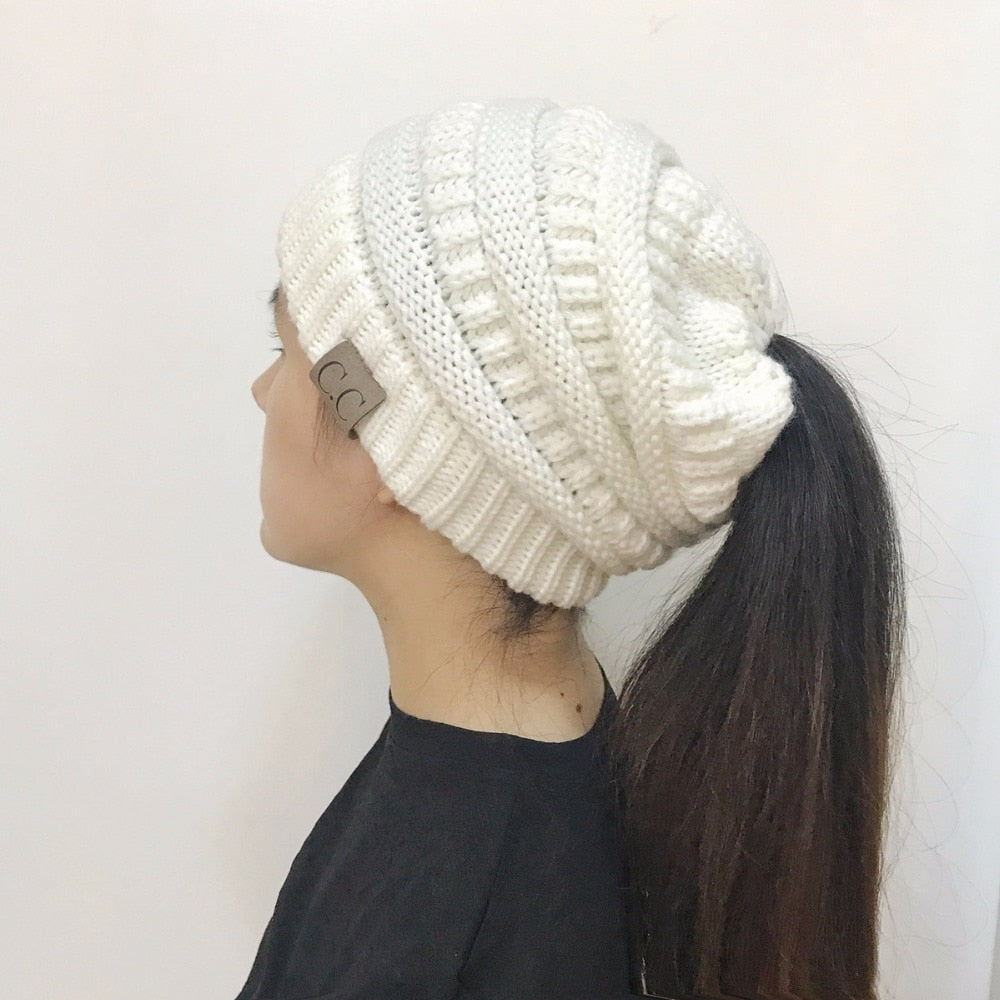 High Bun Ponytail Beanie Hat Chunky Soft Stretch Cable Knit Warm Fuzzy Lined Skull Beanie Acrylic Hats Men and Women