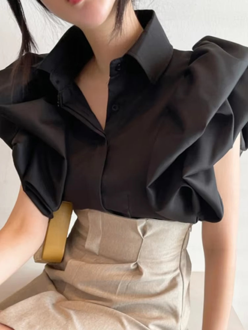 Vintage Puff Sleeve Elegant Shirt White Black All Match Blouse Turn down Collar Office Ladies Blusa Female Casual Tops