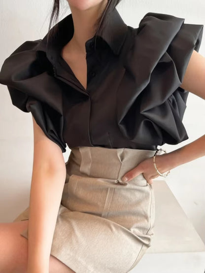 Vintage Puff Sleeve Elegant Shirt White Black All Match Blouse Turn down Collar Office Ladies Blusa Female Casual Tops