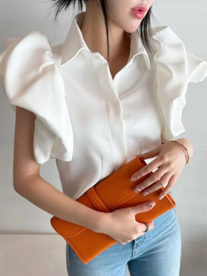 Vintage Puff Sleeve Elegant Shirt White Black All Match Blouse Turn down Collar Office Ladies Blusa Female Casual Tops