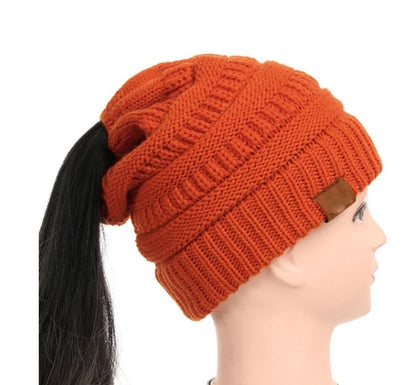 High Bun Ponytail Beanie Hat Chunky Soft Stretch Cable Knit Warm Fuzzy Lined Skull Beanie Acrylic Hats Men and Women