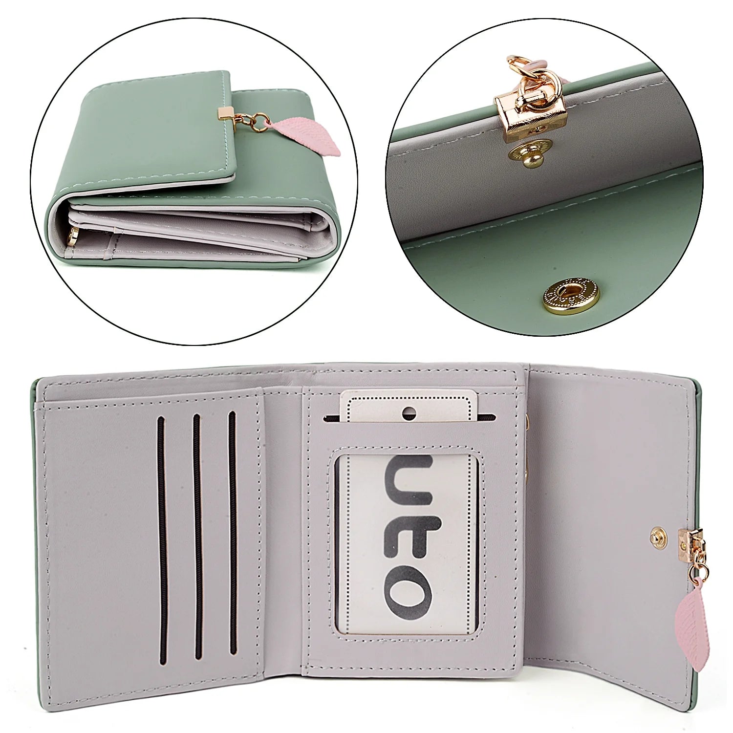 Small Wallet for Women PU Leather RFID Blocking Card Holder Zipper Coin Purse with Leaf Pendant(Green)