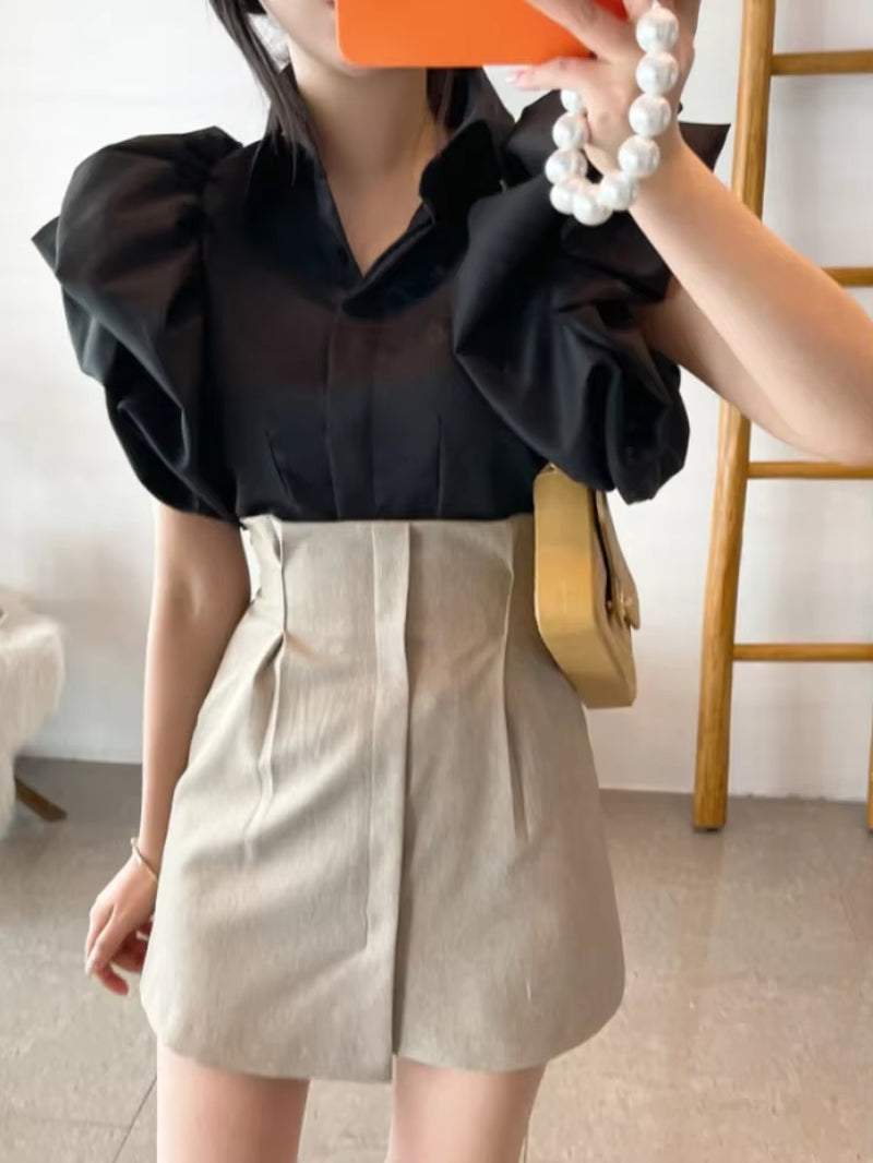 Vintage Puff Sleeve Elegant Shirt White Black All Match Blouse Turn down Collar Office Ladies Blusa Female Casual Tops